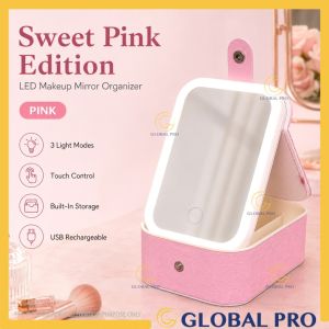 LED Makeup Mirror Organizer Cermin Solek Kotak Simpanan Cosmetic Box with 3-Color Adjustable Portable Travel Makeup Mirror Pouch