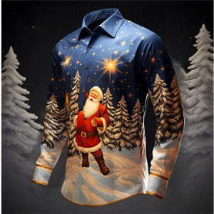 Santa Claus Christmas Tree Casual Mens Shirt Christmas Autumn and Winter Long Sleeve XS-6XL Four-way Stretch Fabric Shirt