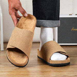 [Reeke]New Suede Leather Cork Slippers Summer Classic Flat Shoes Male Fashion Outside Sandals Man Non Slip Comfortable Slides