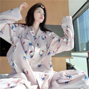 Korean Casual Plus Size Womens Soft Cotton Kitty Printed Pajama Set -Breathable Wearable Loungewear
