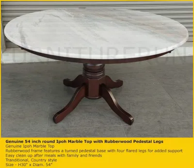 Genuine 54 inch round Ipoh Marble Top Dining Table with Rubberwood Pedestal Legs. Only Available in Klang Valley including installation.