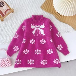 Bear Leader Ternos Kids Girls Casual Clothes Flower Bow Printed Long Sleeved Sweater Red Christmas Dress Winter New Childrens Clothing New Year