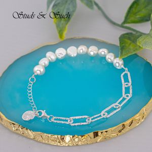 [Studs & Such] 925 Silver Textured Link Chain Bracelet With Genuine Freshwater Baroque Pearls