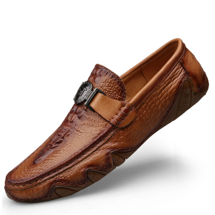 Crocodile pattern loafer shoes men genuine leather slip-on moccasins ...