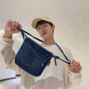 CUTE DIY Y2K กระเป๋าผ้าใบผ้ายีนส์ จุได้มาก สไตล์สตรีท กระเป๋าถือวินเทจ ลำลองแบบสบายๆ สีทึบทึบ กระเป๋าสะพายข้างแบบแข็ง สาวๆ