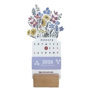 5210A Wooden Base Bloomy Flowers Desk Calendar Vase Shaped Detachable Base Monthly Planner  Date Display Standing Calendar for Table Desk Decor