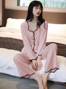 NCE 1 Set ice silk sleepwear for women Korean style long sleeve pajamas + HIgh waist loose casual pants nightwear