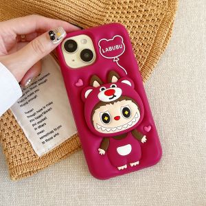 【Hot】Liquid Silicone Phone Case Innovative Telescopic Holder Strawberry Bear Labubu Shape with Bracelet For iPhone 11 12 13 14 15 16 Series