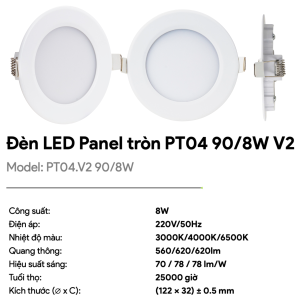 (Rạng Đông) Đèn Led Panel âm trần PT04.V2 8W 10W 12W Ánh sáng Trắng 6500K Đổi 3 màu