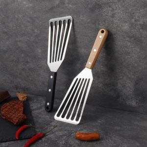 RBJ4 Stainless Steel Fish Spatula with ABS/Wooden Handle Slotted Frying Shovel Multi-Purpose Hollow Steak Tuner Egg
