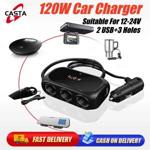 120W Car Cigarette Lighter Splitter with 3 Sockets 2 USB Ports Car Charger Adapter