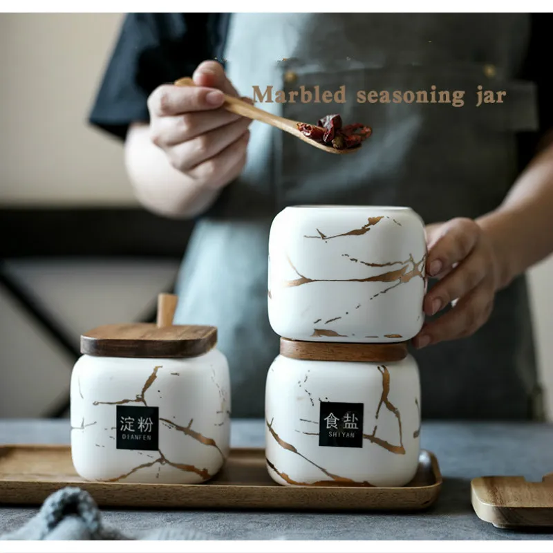 Spice Jar Set Marble Ceramic Seasoning Pot for Kitchen Container - Main Image