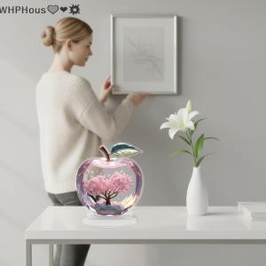WP💓💛💖 1Pcs 2D Acrylic Printing Ornament Romantic Cherry Clossoms Apple Shape Landscape Desktop Decoration For Home Office
