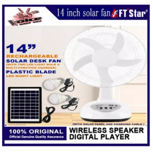 Solar electric fan 14 inch rechargeable 2 LED lights 220V AC desktop electric fan outdoor fan solar panel and two bulbs