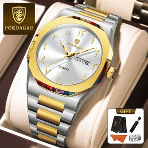 Poedagar Đồng hồ nam chính hãng dây đeo bằng thép không gỉ lịch đa chức năng 100% chống thấm nước Đồng hồ thạch anh 830
