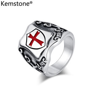 Kemstone Cross Eastern Expedition Legion Shield StainlessSteel Mens Ring Silver Plated Black Rings Jewelry
