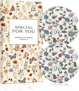 Swooflia Floral Absorbent Ceramic Car Coasters Set of 2 Cute Botanical Wildflower Cup Holder Coasters for Car Black Vintage Flower Car Accessories for Women Unique Gifts for Mom Friends Teachers