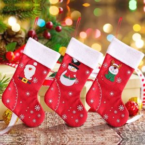 Christmas Stockings Fabric Santa Claus Snowman Deer Pocket Hanging Xmas Tree Ornament New Year Sock Gift Kids Candy Bag
