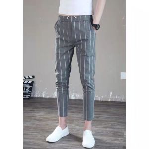Mark Belt Korean Version of The Autumn Slim Casual Trousers Mens Fashion Trend Vertical Stripes Nine Points Pants
