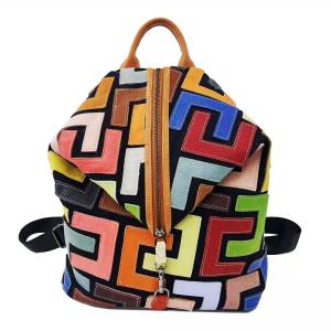 Backpack Leather Womens Colorful Cowhide Splicing Backpack Retro Casual Womens Bag
