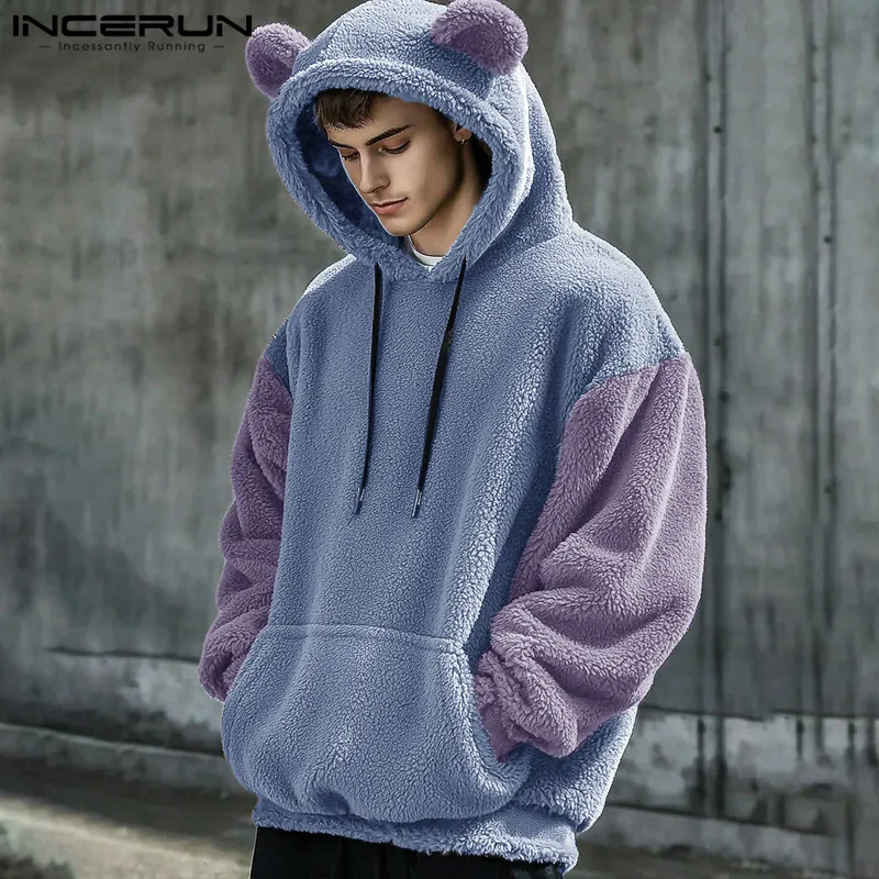 INCERUN Men's Autumn Winter New Polar Fleece Bear Ears Hoodies