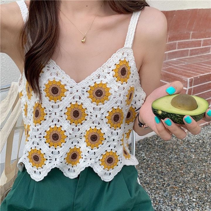 TOMANY Sweet Bralette Vintage V Neck Sleeveless Sunflower Hollow Female ...