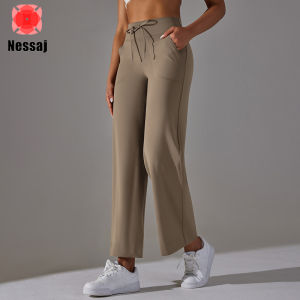 Nessaj Yoga Wide Leg Pants Women Waist Drawstring Casual Cropped Pant Drawstring Running Fitness Pants