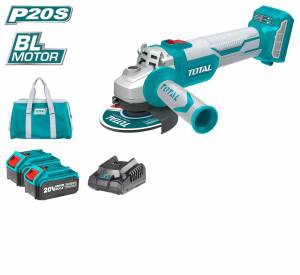 TOTAL Cordless Brushless Angle Grinder 20V incl. 2x Grinding Disc: 100mm (4") Battery & Charger Combo - TAGLI201008