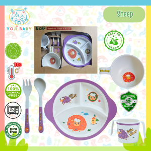 Yoji Baby Round 5pcs Natural Bamboo Fiber Feeding Set Spoon Fork Cup Bowl Plate Set 2 Years Old+