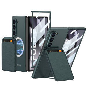 Card Holder Stand Z Fold 4 5 6 Magnetic Case Cover Detachable Wallet Wireless Charging Samsung Galaxy Z Fold6 Casing Camera/Screen Protection Hard PC Phone Case with Tempered Glass-152c4c8b