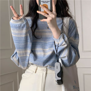 MC BJ1216 Baju Atasan Wanita Lengan Panjang Kaos Oversize Motif Salur Fashion korean