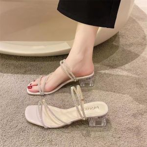 High-Heeled Sandals Dual-Use Slippers For Women New Summer Outdoor Style With Rhinestones And Chunky Heels
