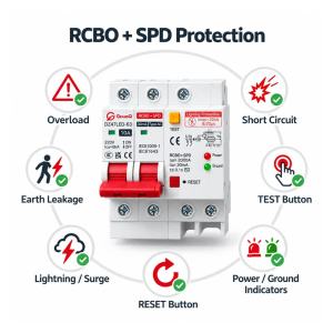 RCBO with SPD 2P-PE-220V Lightning protection Residual current circuit breaker with surge protector
