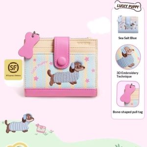 Rosy Recess Cute Puppy Design Mini Wallet for Kids and Women Lightweight Card Holder with Embroidered Dog Pattern and Bone-Shaped Pull Tab