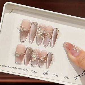 [HANDMADE+Free Glue]Artificial Nail Mirror Evolution Butterfly Cats Eye Phototherapy Fake Nail Patch Press on Nails Reusable