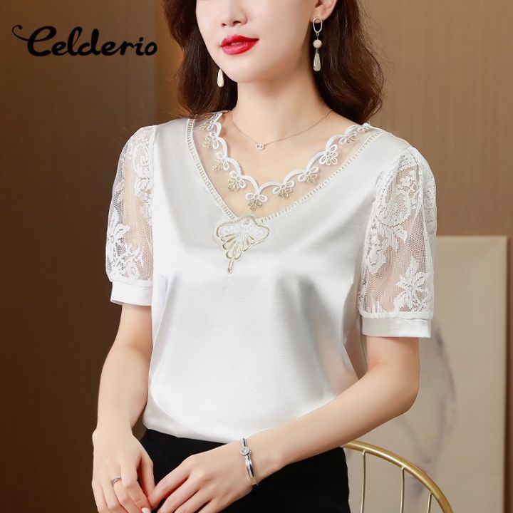 Celderio V-neck mesh short sleeved t-shirt for women's summer new fashion  lace satin top Lazada PH