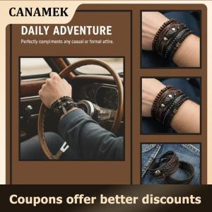 【 CANAMEK 】 Set Braided Wrap Leather Bracelets Bangle For Men Vintage Feather Rudder Charm Wood Beads Ethnic Tribal Wristband Rope Bracelet