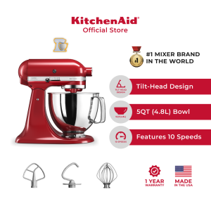 KitchenAid Artisan 4.8L Tilt Head Stand Mixer 5KSM125 - Heavy Duty and High Power Dough Mixer Whisk and Beater for Baking with 4.8 L Bowl 6-Wire Whip Flat Beater Dough Hook