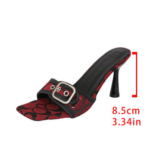[Free Shipping] Printed high-heeled slippers for women square toe buckle open-toe large size party wear stiletto sandals