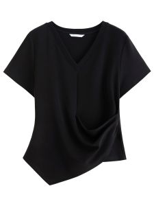 DUSHU Womens Pleated Waist-Defining Asymmetrical T-Shirt: 2026 Spring New Versatile Fitted Short Sleeve Top Essentials V-neck2026