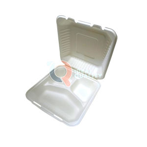 Bagasse Lunch Box Sekat 3 Food Box 9 inch WHITE  Serat Tebu - ECO Friendly