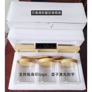 Tempat Bumbu Dapur 3Set Toples Bumbu Kaca / Toples Bumbu 3in1 Dengan Alas Sendok Kayu