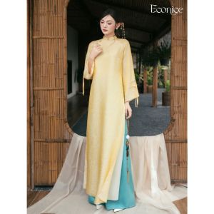 Áo Dài Nữ 4 Tà Cách Tân ( CÁT UYỂN ) Vải Tơ Tằm óng Hoạ Tiết Kêt Hơp Tay Xếp Loe Cách Điệu- ÁO DÀI CHỤP HÌNH