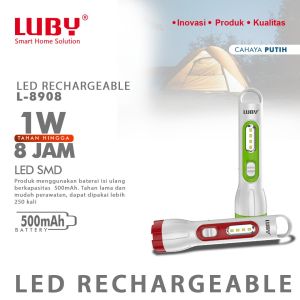 Luby Senter Tangan LED Super Terang L-8908 1W + 3W COB Rechargeable 8 JAM