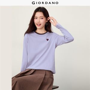 Giordano Beau Monde Women Heart embroidery contrast crewneck cotton tee Free Shipping 13326792