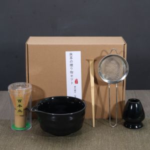 GOLDVAULT 5pcs with Spout Japanese Matcha Tea Set Food Grade Bamboo Ceramic Match Bowl  Safe Matcha Whisk Set Stirring