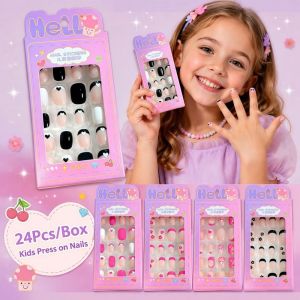 NOBLELUX 24Pcs/Box Cartoon Kids Press on Nails Black Flower French Tips False Nails Cute Almond-shaped Full Cover Fake Nails For Children