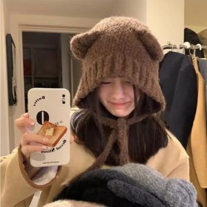 4 Colors Women Bear Ear Knitted Beanies Hat Cute Winter Warm Wool Hats for Girl Korean Style Fashion Warm Headgear