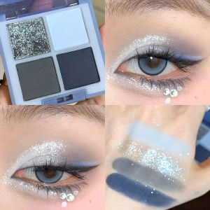HBESTY 4-Color Glitter Blue Eyeshadow Palette Matte Pearl Shimmer Acrylic Smoky Grey Eye Shadow Palette Long Lasting Makeup Cosmetic