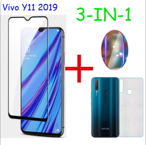(3 in 1) For Vivo Y11 Y12 Y15 Y17 Y19 (2019)  Y85  Y91 tempered glass protective film + camera lens protective film + carbon fiber back cover sticker protective film.